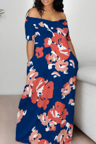 Blue Red Casual Print Pocket Patchwork Off Shoulder Long Dresses