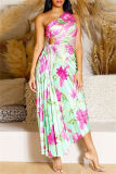 Green Casual Print Hollow Out Backless Oblique Collar Long Dresses