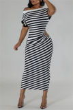 Pink Casual Striped Print Hollow Out Patchwork Oblique Collar Long Dresses