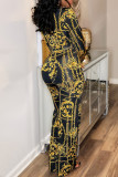 Black Casual Print Deep V Neck Skinny Jumpsuits