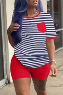 Red Casual Print Basic O Neck Short Sleeve Two Pieces