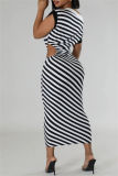 Pink Casual Striped Print Hollow Out Patchwork Oblique Collar Long Dresses