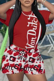 Deep Red Casual Print Basic O Neck Short Sleeve Two Pieces
