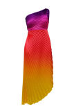 Green Casual Print Hollow Out Backless Oblique Collar Long Dresses