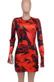 Red Celebrities Print Slit Patchwork O Neck Wrapped Skirt Dresses
