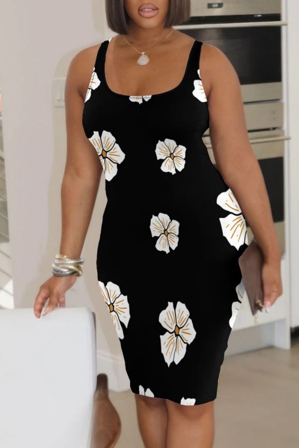 Black Casual Floral Print Basic U Neck Vest Dresses