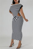 Pink Casual Striped Print Hollow Out Patchwork Oblique Collar Long Dresses