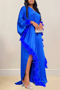 Blue Casual Solid Color Feathers Beading Patchwork V Neck Long Dresses