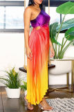 Green Casual Print Hollow Out Backless Oblique Collar Long Dresses