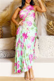 Green Casual Print Hollow Out Backless Oblique Collar Long Dresses