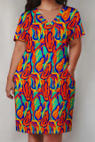 Black Casual Geometric Print Letter Print Pocket Contrast V Neck Printed Plus Size Dresses
