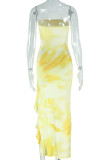 Yellow Sexy Print High Slit Patchwork Irregular Hem Strapless Long Dresses