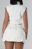 Pink Casual Solid Color Pocket Buttons Zipper Patchwork Turndown Collar Sleeveless Two Pieces