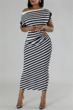 Pink Casual Striped Print Hollow Out Patchwork Oblique Collar Long Dresses