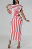 Pink Casual Striped Print Hollow Out Patchwork Oblique Collar Long Dresses