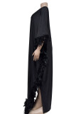 Rose Red Casual Solid Color Feathers Beading Patchwork V Neck Long Dresses
