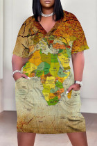 Brown Casual Geometric Print Letter Print Pocket Contrast V Neck Printed Plus Size Dresses