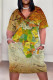 Brown Casual Geometric Print Letter Print Pocket Contrast V Neck Printed Plus Size Dresses
