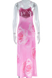 Pink Sexy Print Backless High Slit Patchwork Halter Long Dresses