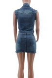 Blue Sexy Print Pocket Buttons Zipper Patchwork Turtleneck Sleeveless Two Pieces