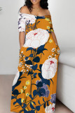 Yellow Casual Print Pocket Patchwork Off Shoulder Long Dresses