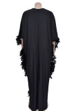 Rose Red Casual Solid Color Feathers Beading Patchwork V Neck Long Dresses