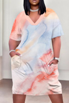 Blue Pink Casual Print Pocket Patchwork V Neck Long Plus Size Dresses