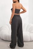 Grey Casual Daily Solid Color Pocket Patchwork Straight High Waist Conventional Solid Color Trousers