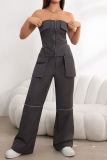 Grey Casual Daily Solid Color Pocket Patchwork Straight High Waist Conventional Solid Color Trousers