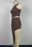 Coffee Celebrities Solid Color Slit Patchwork O Neck Sleeveless Two Pieces