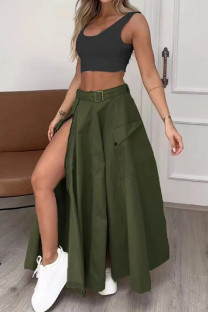 Green Celebrities Buttons High Slit With Belt Patchwork V Neck Sleeveless Two Pieces