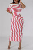 Pink Casual Striped Print Hollow Out Patchwork Oblique Collar Long Dresses