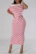 Pink Casual Striped Print Hollow Out Patchwork Oblique Collar Long Dresses