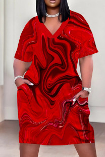 Red Casual Print Pocket Patchwork V Neck Long Plus Size Dresses
