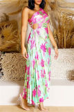 Green Casual Print Hollow Out Backless Oblique Collar Long Dresses