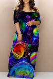 Tibetan Blue Casual Geometric Print Butterfly Print Contrast Off Shoulder Printed Dresses