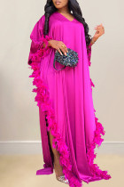 Rose Red Casual Solid Color Feathers Beading Patchwork V Neck Long Dresses