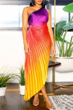 Green Casual Print Hollow Out Backless Oblique Collar Long Dresses