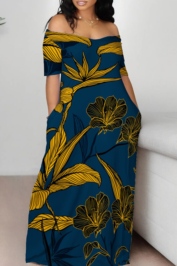 Blue Yellow Casual Print Pocket Patchwork Off Shoulder Long Dresses