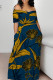 Blue Yellow Casual Print Pocket Patchwork Off Shoulder Long Dresses