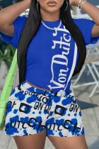 Blue Casual Print Basic O Neck Short Sleeve Two Pieces
