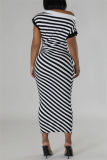 Pink Casual Striped Print Hollow Out Patchwork Oblique Collar Long Dresses
