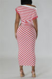 Pink Casual Striped Print Hollow Out Patchwork Oblique Collar Long Dresses