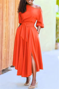 Orange Red Casual Solid Color Pocket Lace Up Slit Oblique Collar Irregular Plus Size Dresses