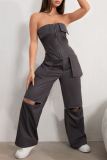 Grey Casual Daily Solid Color Pocket Patchwork Straight High Waist Conventional Solid Color Trousers