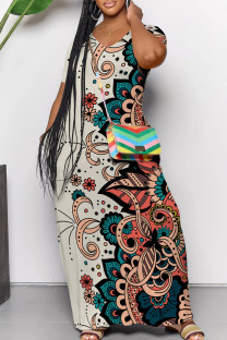 Multicolor Casual Print Pocket Patchwork V Neck Long Dresses