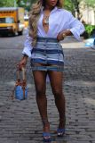 Blue Sexy Patchwork Hollow Out Pocket Buttons High Waist Skinny Denim Skirts