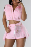 Pink Casual Solid Color Pocket Buttons Zipper Patchwork Turndown Collar Sleeveless Two Pieces