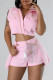 Pink Casual Solid Color Pocket Buttons Zipper Patchwork Turndown Collar Sleeveless Two Pieces