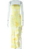 Yellow Sexy Print High Slit Patchwork Irregular Hem Strapless Long Dresses